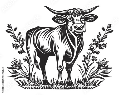 Elegant Woodcut Illustration of a Bull Surrounded by Flowers