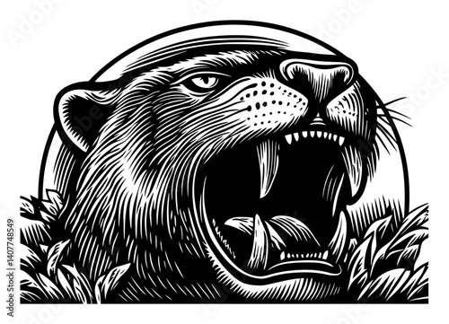 Detailed Woodcut Illustration of a Roaring Animal Head in Nature
