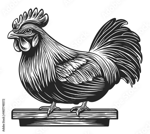Detailed Woodcut Illustration of a Rooster with Intricate Lines