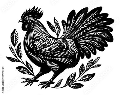 Detailed Woodcut Illustration of a Rooster Surrounded by Leaves