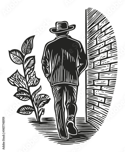 Man Walking Away from Wall with Plant in Artistic Woodcut Style