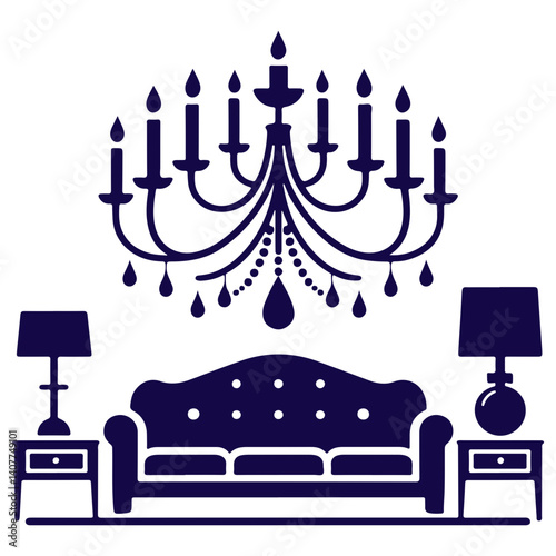 Brilliance of pure chandelier accented by lamp and botanical pot