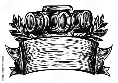 Vintage Camera Woodcut Design with Decorative Elements and Banner