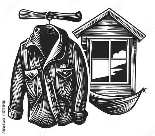 Detailed Woodcut Illustration of a Jacket and a House Design