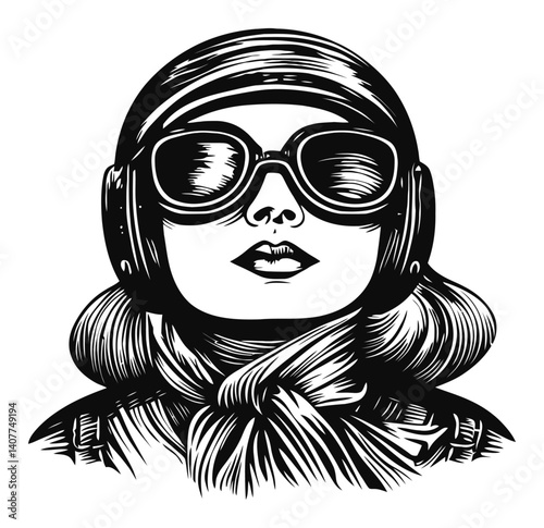 Vintage Woodcut Illustration of Stylish Female Aviator in Goggles