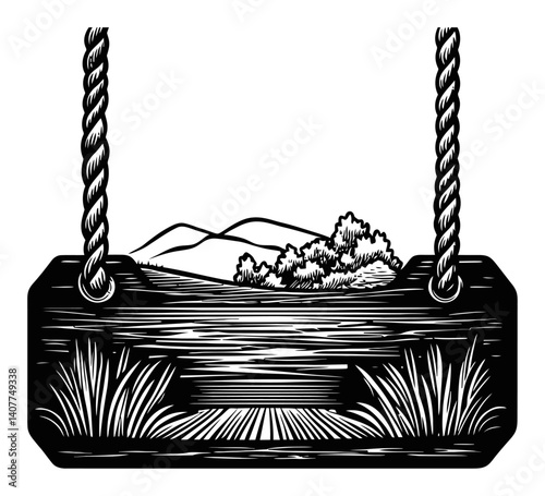 Swinging Wooden Swing with Scenic Landscape in Woodcut Style