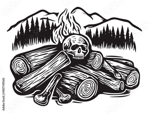 Dramatic Woodcut Illustration of Logs and Skull with Flames