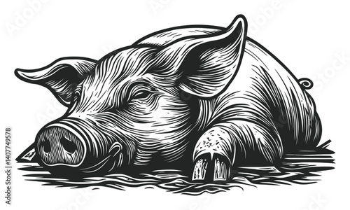 Detailed Woodcut Illustration of a Relaxed Pig in Monochrome Style