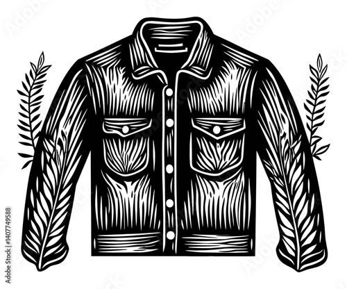 Artistic Woodcut Illustration of a Stylish Denim Jacket Design