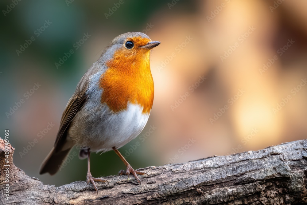 Vibrant Eurasian Robin with orange-red throat perched on textured wooden branch in soft natural lighting. Vibrant Eurasian Robin with orange-red throat perched on textured wooden branch in soft natural lighting.