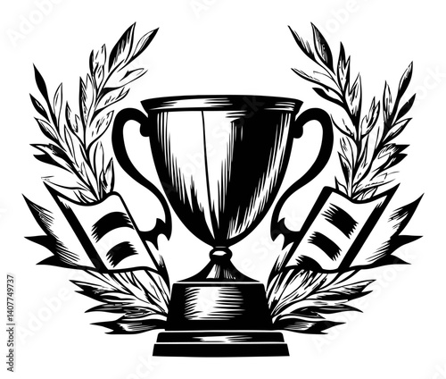 Vintage Woodcut Trophy Design with Laurel Wreath Elements