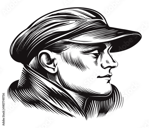 Classic Woodcut Illustration of a Man in a Cap Profile View