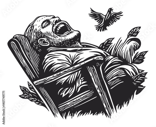 Relaxing Man in Woodcut Style with Bird and Nature Elements