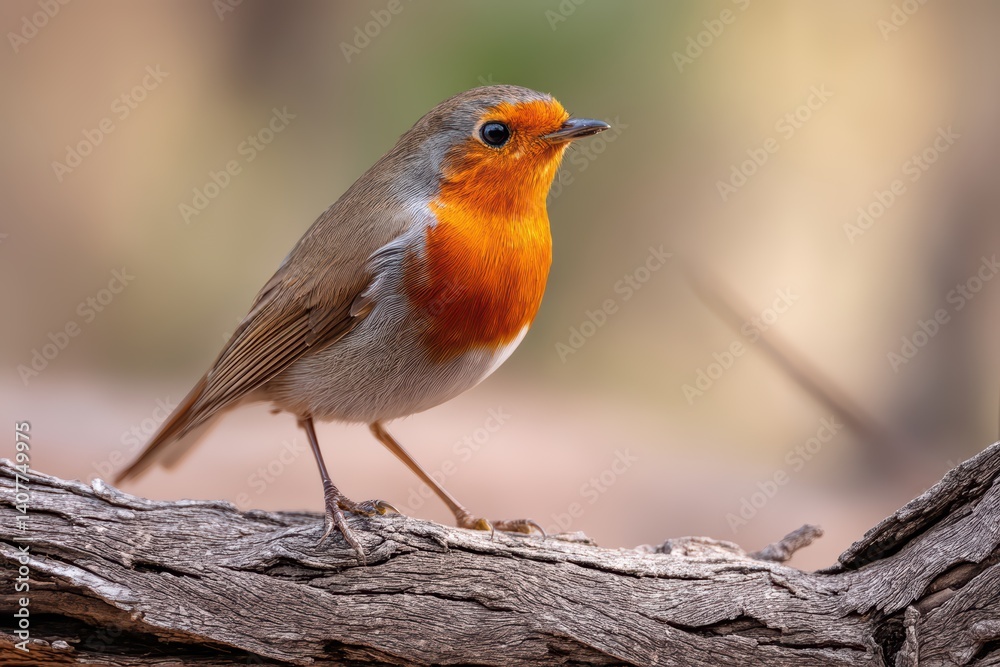 Vibrant Eurasian Robin with orange-red throat perched on textured wooden branch in soft natural lighting. Vibrant Eurasian Robin with orange-red throat perched on textured wooden branch in soft natural lighting.
