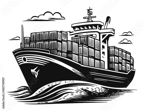 Woodcut Style Cargo Ship Sailing on Waves with Container Load