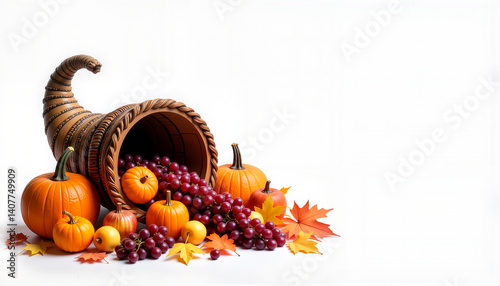 Thanksgiving concept - Isolated cornucopia with pumpkins and grapes   photo