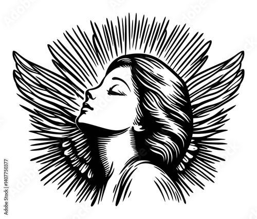 Elegant Woodcut Illustration of a Serene Woman with Wings