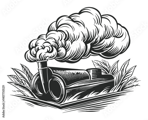 Vintage Woodcut Design of Steam Engine with Smoke and Leaves
