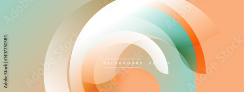 Abstract layered shapes create dynamic composition. Soft color palette features orange, teal, beige hues. Minimalist design suitable for backgrounds, presentations.