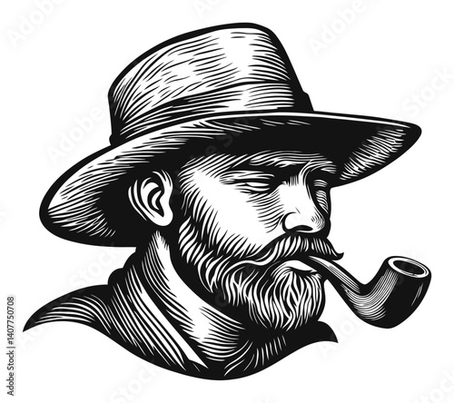 Vintage Woodcut Illustration of a Man Smoking a Pipe in Hat
