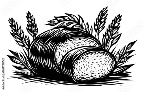 Handcrafted Woodcut Illustration of Bread Loaf Surrounded by Grains