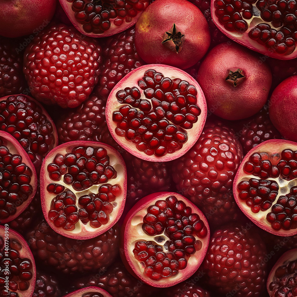 Juicy pomegranates, whole and open, showcasing vibrant red arils. A rich, textured image perfect for food blogs, magazines, or healthy lifestyle content.