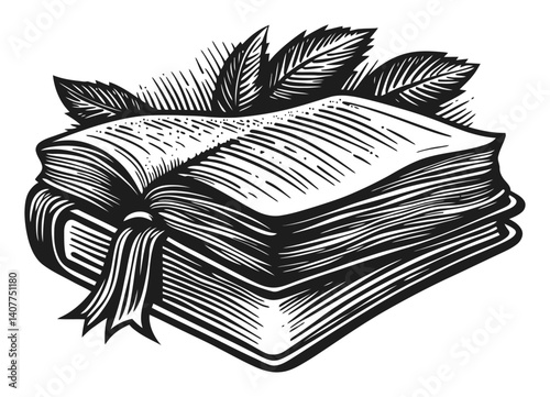 Vintage Woodcut Style Book with Leaves and Ribbon Bookmark Design