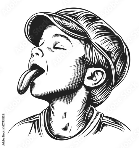 Joyful Boy with Hat Showing Playful Expression in Woodcut Style