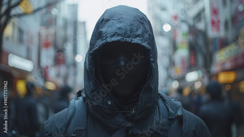 Obraz na płótnie Person in anti-spy suit walks through modern city streets while evading surveillance cameras in high-tech environment w salonie