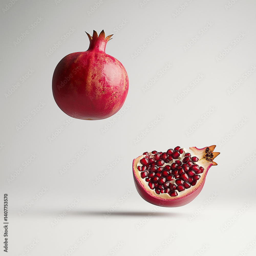 Flying Pomegranate in Mid-Air A Whole and Halved Fruit Isolated on White Background