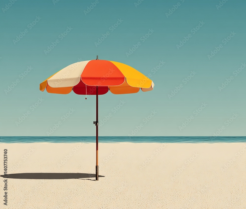 Vibrant Umbrella at the Beach with Clear Sky and Sandy Shoreline