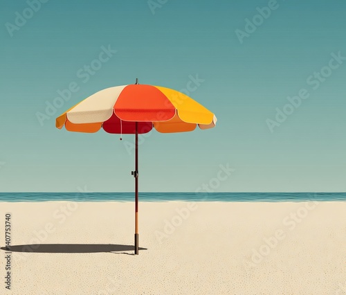 Obraz na płótnie Vibrant Umbrella at the Beach with Clear Sky and Sandy Shoreline w salonie