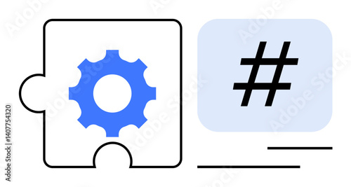 Gear icon in puzzle piece linking to metadata tag, symbolizing connection, teamwork, functionality, and communication. Ideal for collaboration, networking, problem-solving, digital tools branding