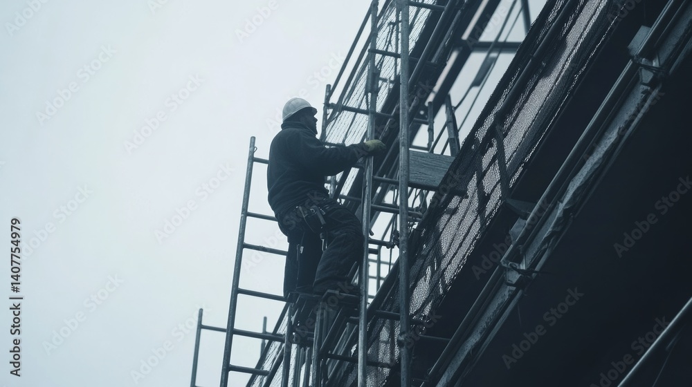 Construction worker securing scaffolding on a building site. Featuring strength and safety