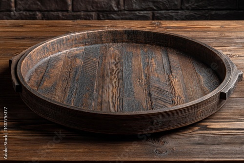 Wallpaper Mural Wooden serving tray placed on a rustic wooden table in a cozy dining space during evening hours Torontodigital.ca