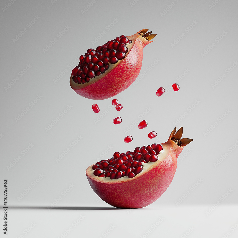 Flying Pomegranate in Mid-Air A Whole and Halved Fruit Isolated on White Background Flying Pomegranate in Mid-Air A Whole and Halved Fruit Isolated on White Background