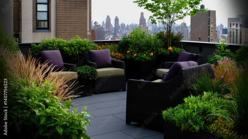 Naklejka premium Rooftop patio seating area with city view, lush landscaping