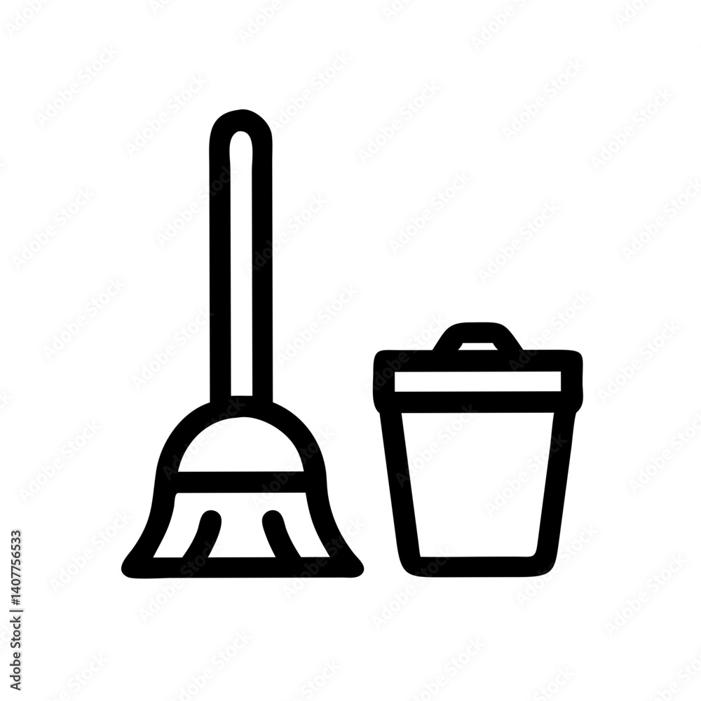 Fototapeta premium Cleaning Tools: Broom and Trash Can Icon Illustration 