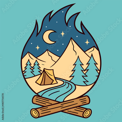 Campfire Night Mountains River Tent Adventure Outdoors T-Shirt.