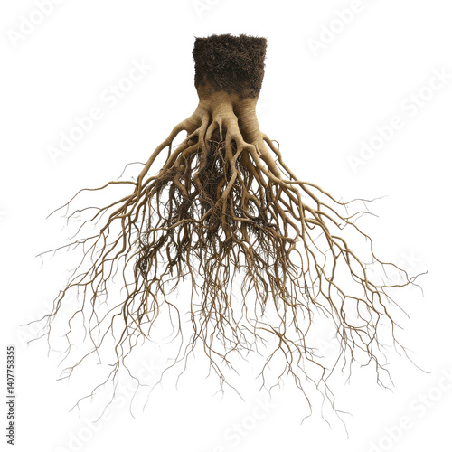 Root System Unveiled: A detailed display of a tree's intricate root system, showcasing its structure. An illustration of life, connecting to the core earth, revealing natural beauty.