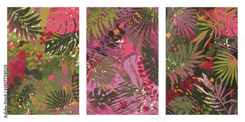 Three bright backgrounds with exotic deciduous ornaments. Vector illustration with watercolor textures and grainy gradient