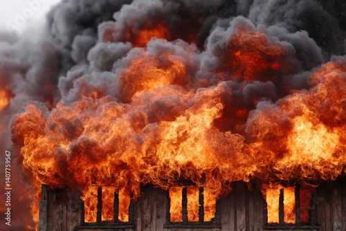 Large fire engulfs building with thick smoke and vibrant flames in urban area during daylight hours