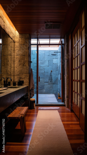 serene modern bathroom with wood accents  stone walls  and shoji style sliding doors  leading to open outdoor shower