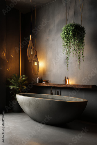 serene bathroom with polished concrete bathtub, warm lighting, and lush greenery creates calming ambiance