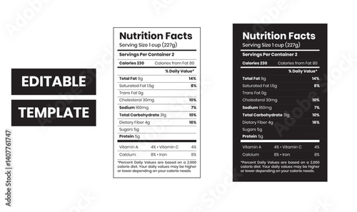 Nutrition facts Label. Vector. Food information with daily value. Data table ingredients calorie, fat, sugar. Package template. Flat illustration isolated on transparent background. Layout design