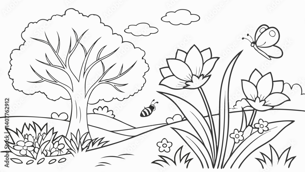Fototapeta premium Spring Coloring Page black and white