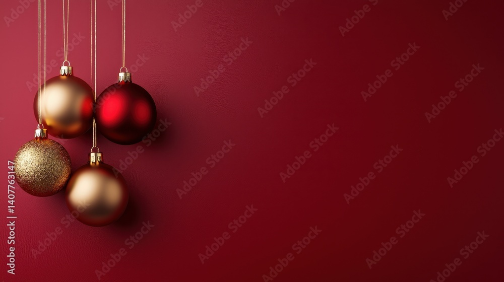 Elegant red and gold Christmas ornaments hanging on a crimson background. Elegant red and gold Christmas ornaments hanging on a crimson background.