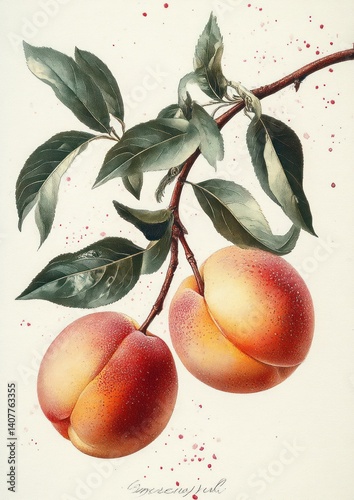 Botanical Illustration of Ripe Peaches on Branch with Leaves Vintage Watercolor Effect Natural Light