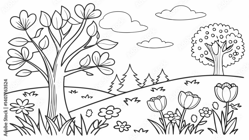Fototapeta premium Spring Coloring Page black and white