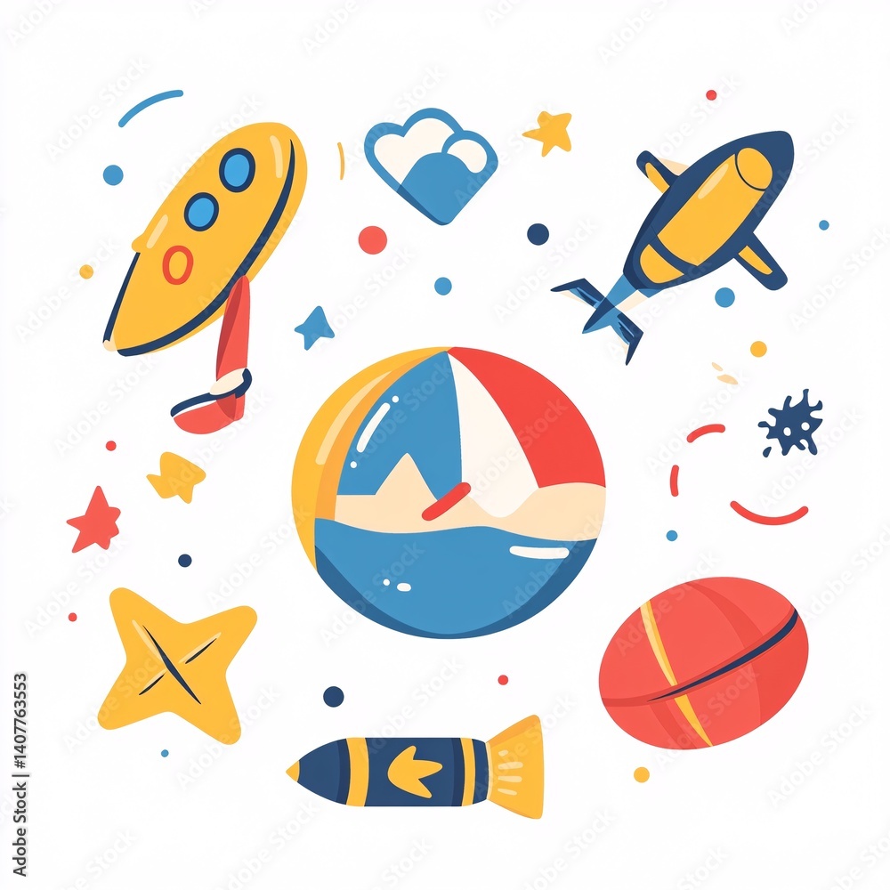 Beach ball, airplane, submarine, rocket and starfish floating in the sky Beach ball, airplane, submarine, rocket and starfish floating in the sky